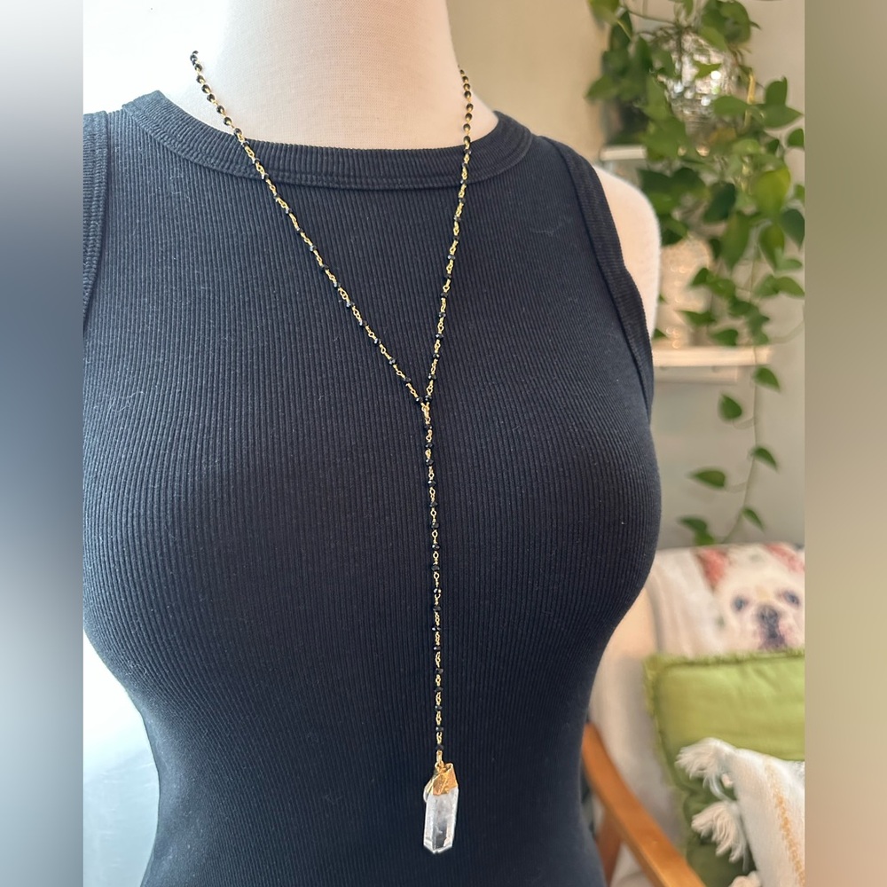 Quartz Crystal & Black Beaded Rosary Style Necklace